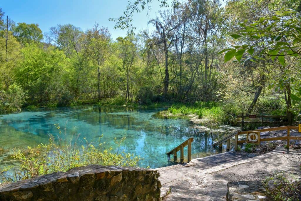 The Florida sun beams down on the entrance to Ichetucknee Springs and its inviting aqua waters.