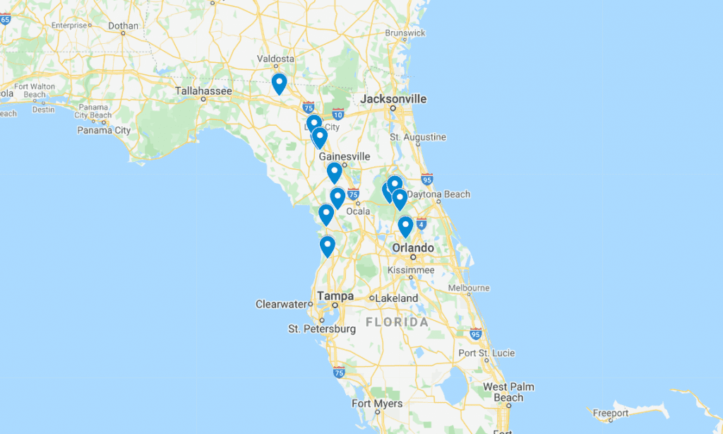 screen shot of a Florida springs map showing locations for the best springs in florida using blue dots