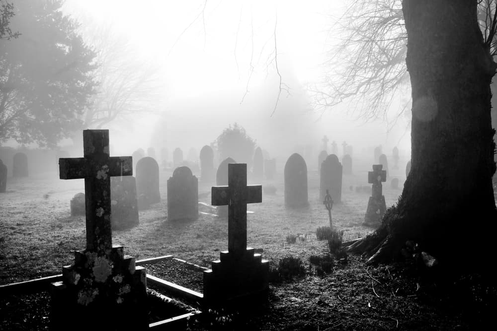 Black and white photo of creepy graveyard.
