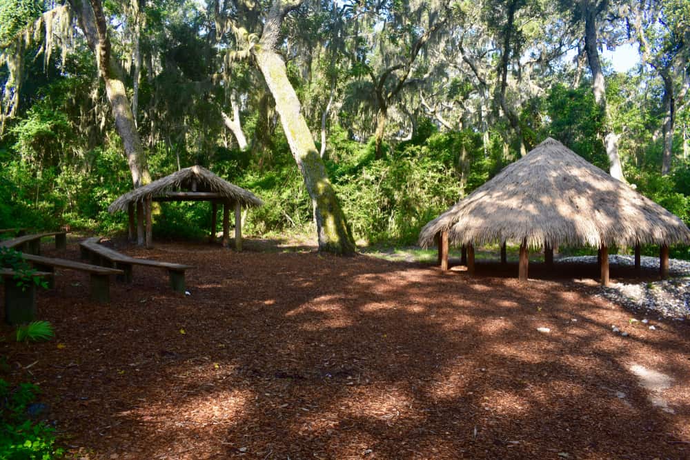 Photo of the huts and amphitheater at Fort Caroline National Memorial, one of Florida's National Parks.  