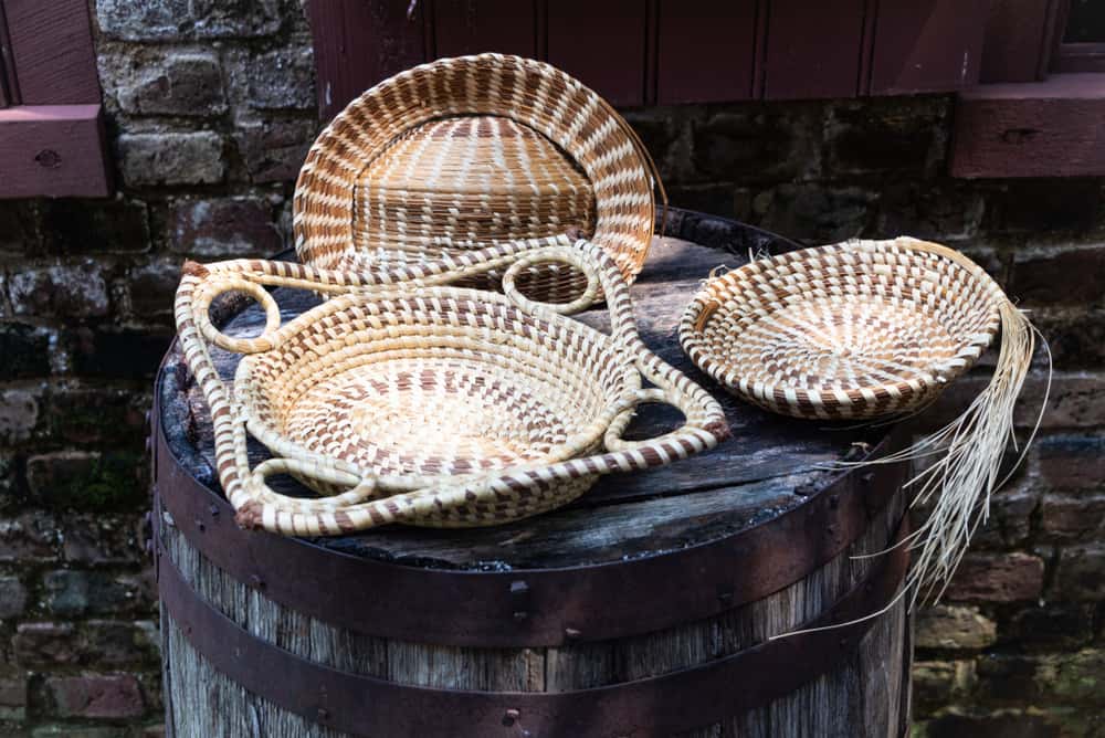 Photo of hand-made sweetgrass baskets woven in Gullah/Geechee style