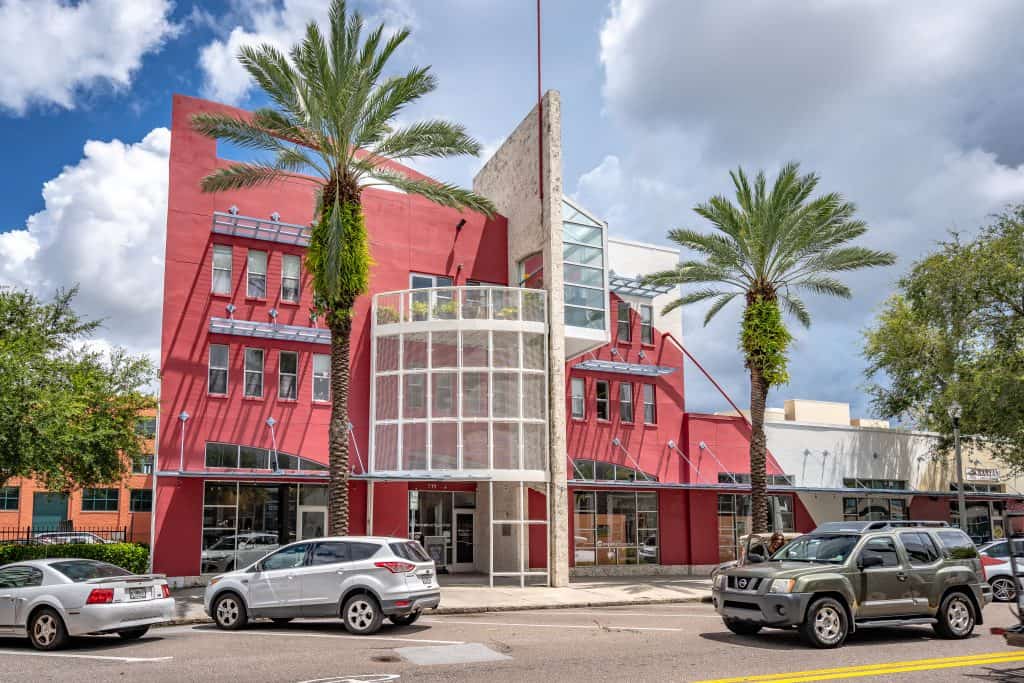 The asymmetrical Morean Arts Center exterior building, one of the best educational things to do in St. Petersburg, Florida.