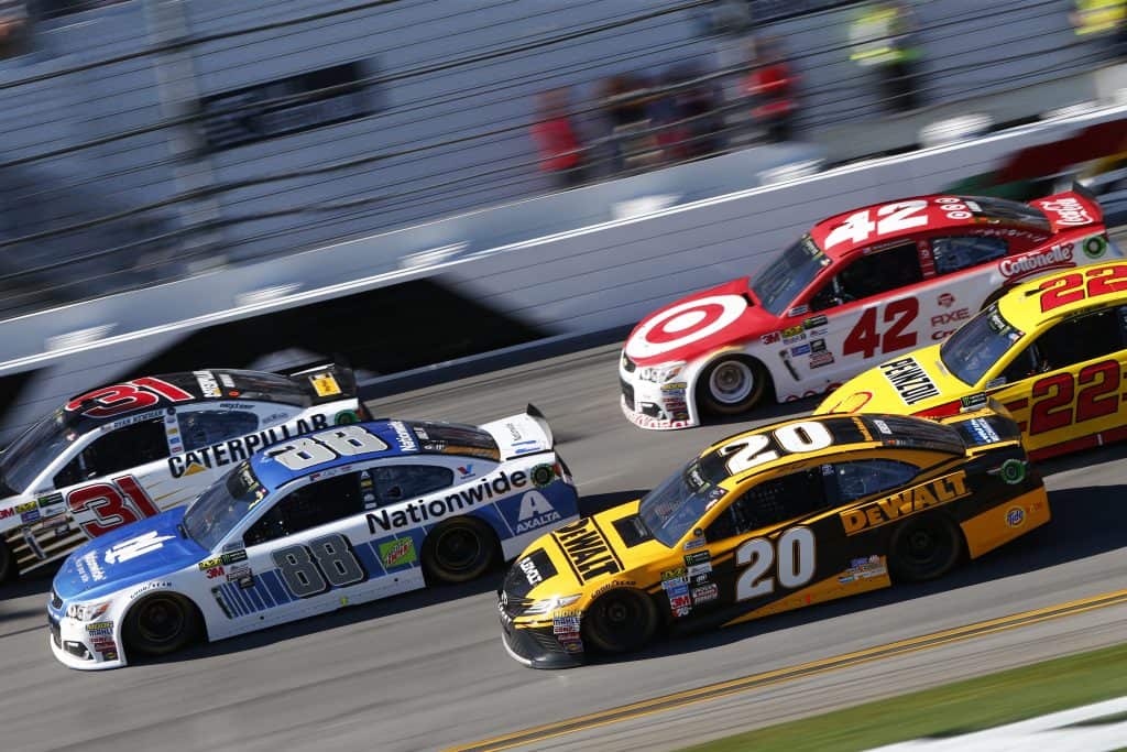 Cars race on the Daytona International Speedway at the Daytona 500!
