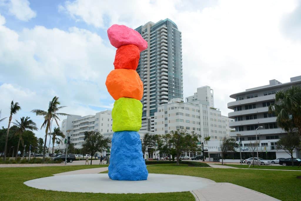 The colorful Miami Mountain stands outside of the Bass Museum of Art, in Miami, the best museum in South Florida.