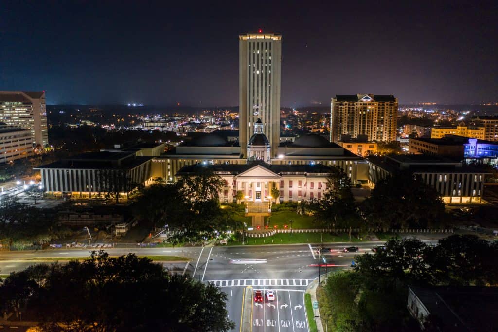 The Capitol Building is illuminated at night in beautiful Tallahassee, Florida.