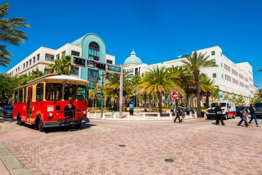 Molly's Trolley runs through downtown on Clematis Street, one of the best things to do in West Palm Beach.