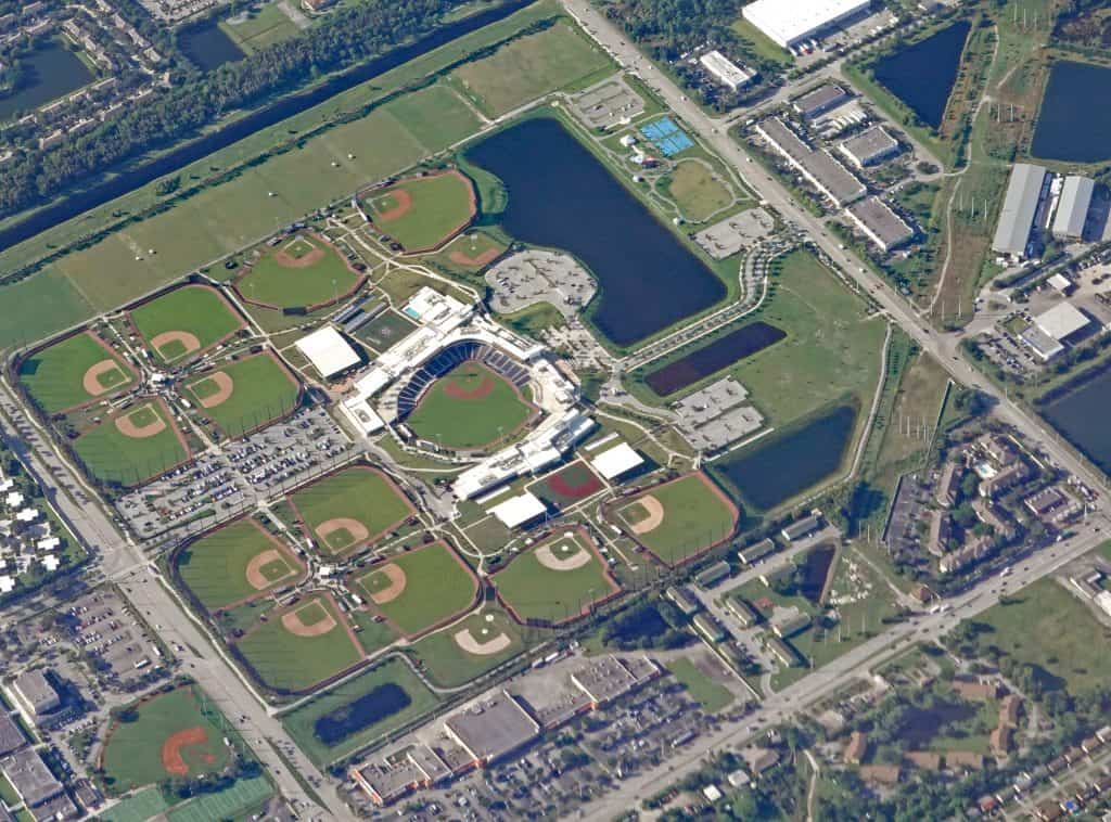 Aerial view of the many diamonds and fields of the Ballpark, one of the best things to do in West Palm Beach.