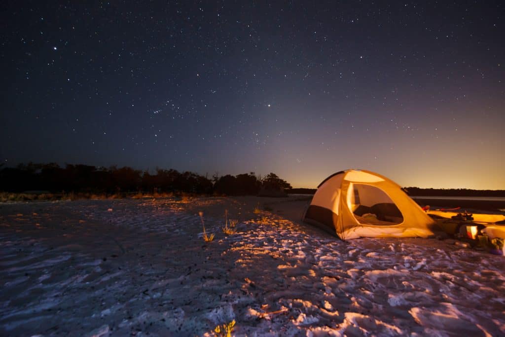 A tent sits on the beaches of the Ten Thousand Islands, one of the few places for true beach camping in Florida.