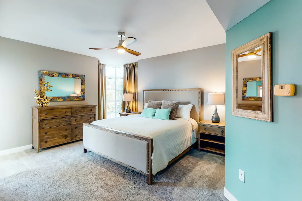 Photo of the bedroom space inside Happy Beach Studio, which is an Airbnb in Destin.