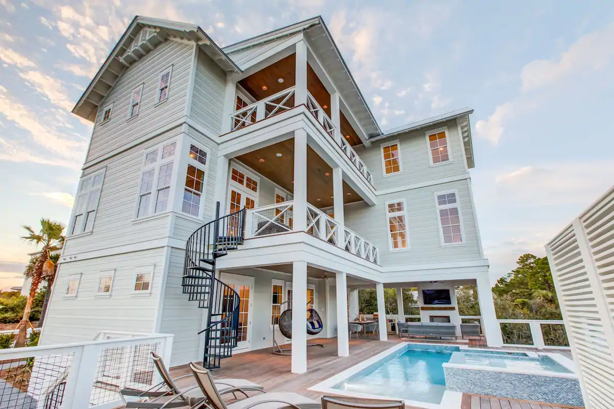Photo of the exterior of a lakefront Airbnb in Destin.