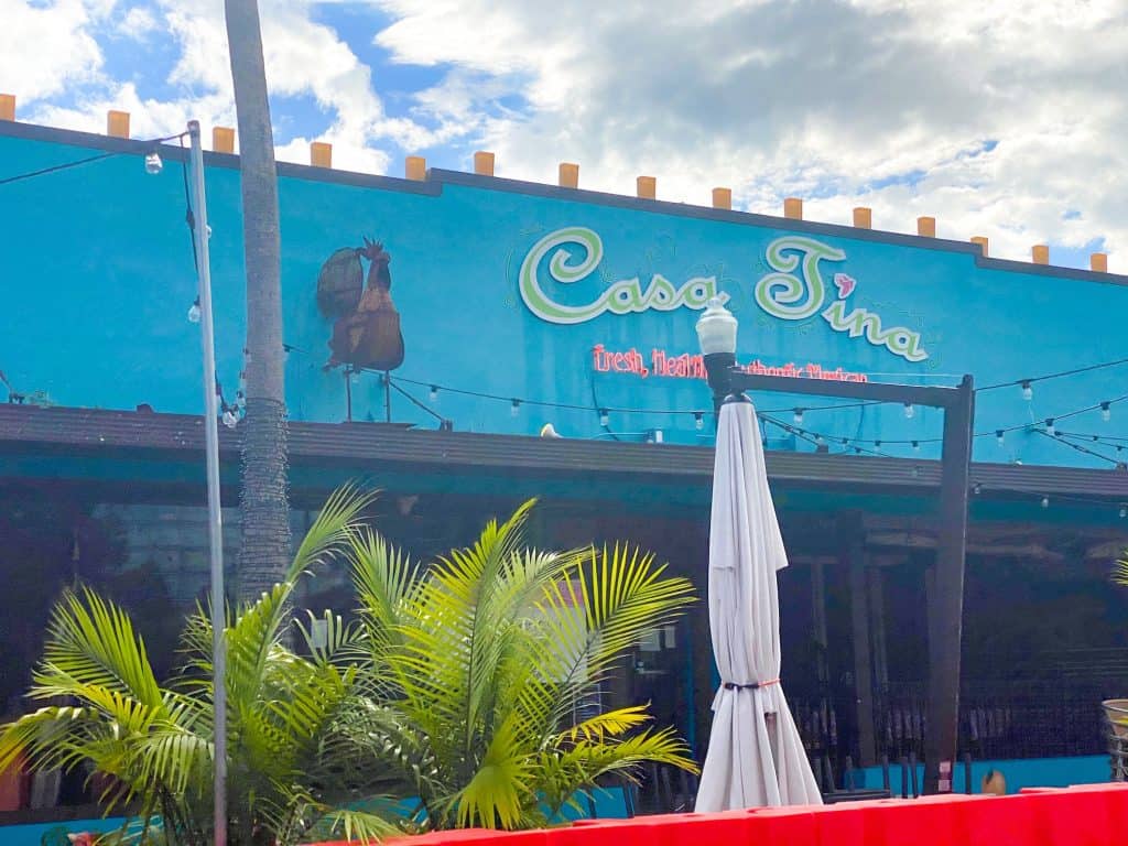 The teal blue awning of Casa Tina, one of the best Mexican restaurants in Dunedin.