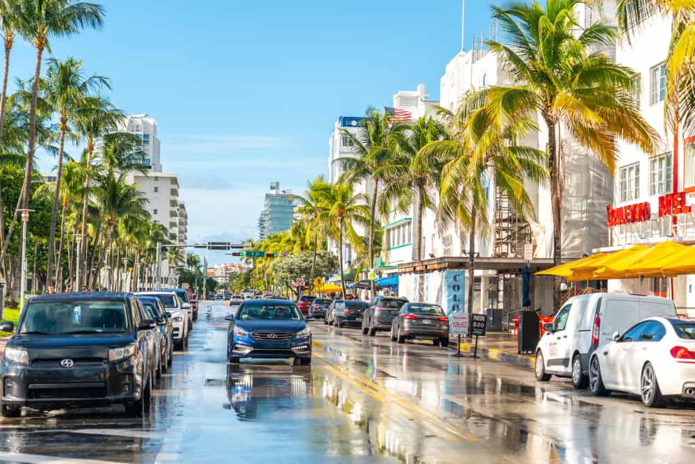 A wet street in Miami, Florida