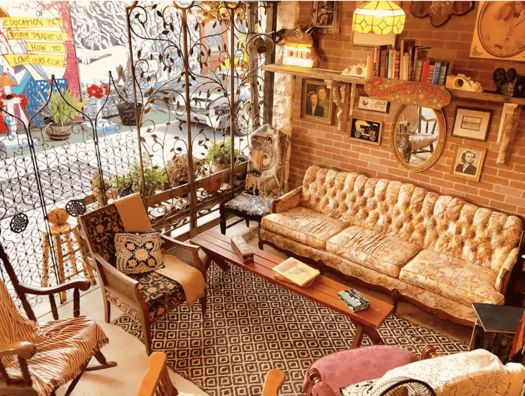 The common living area of the Golddigger Inn, one of the most beautiful Airbnbs in Miami.