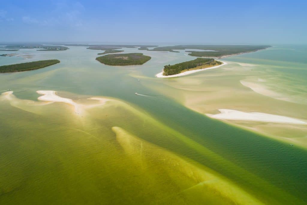 The beautiful sandbars and islands of the Ten Thousand Islands as seen from above.