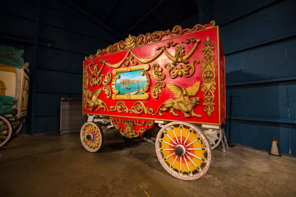 An old circus wagon sits at Sarasota Circus, a great attraction for the whole family.