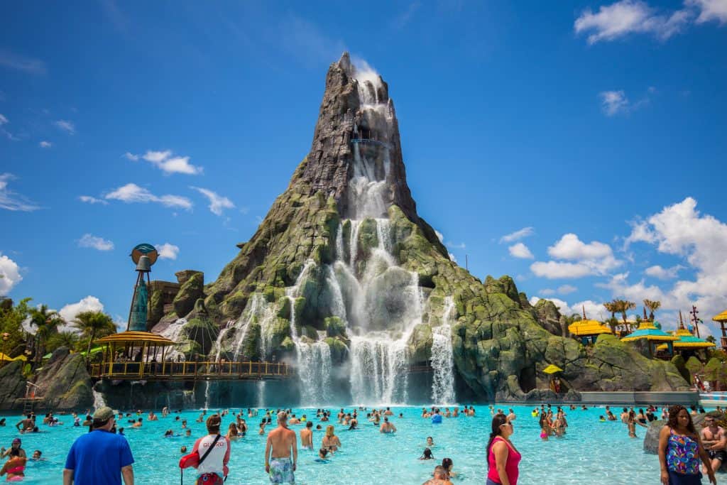 The large volcano centerpiece and wave pool of Volcano Bay