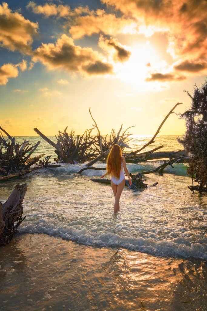 Here at beer can island in Sarasota a girl in a white bathing suit poses in front of trees roots jutting out of the ocean