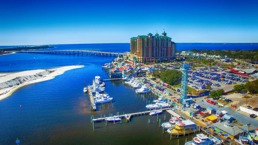 Destin from an arial view with the water, bridge and harbor with the boardwalk restaurants