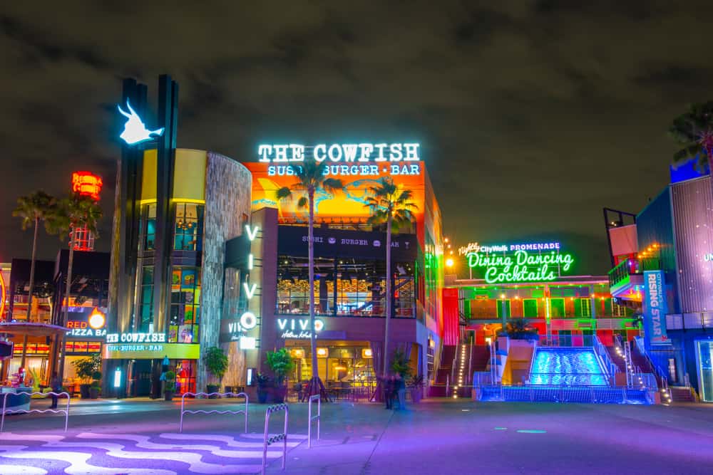 night time photo of Universal Citywalk where you can find free things to do in Orlando