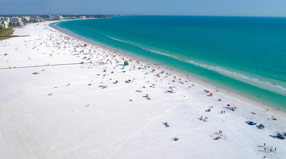 Aerial view of the beach at siesta Key dotted with beach goers.