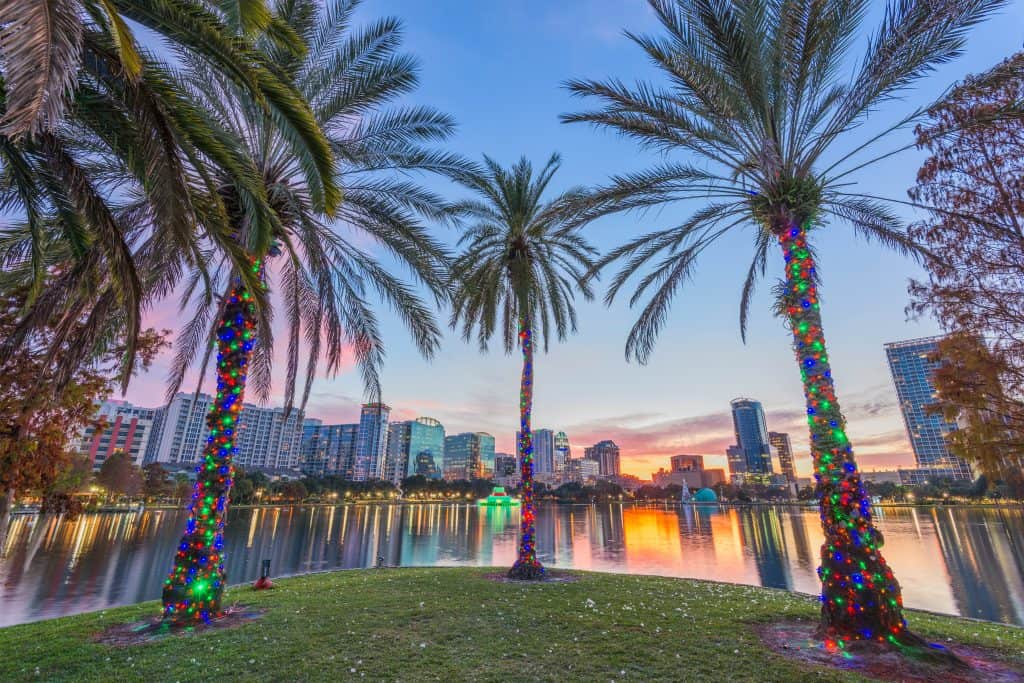 lighted palm tree at Eola Lake with sunset in the background in florida during christmas