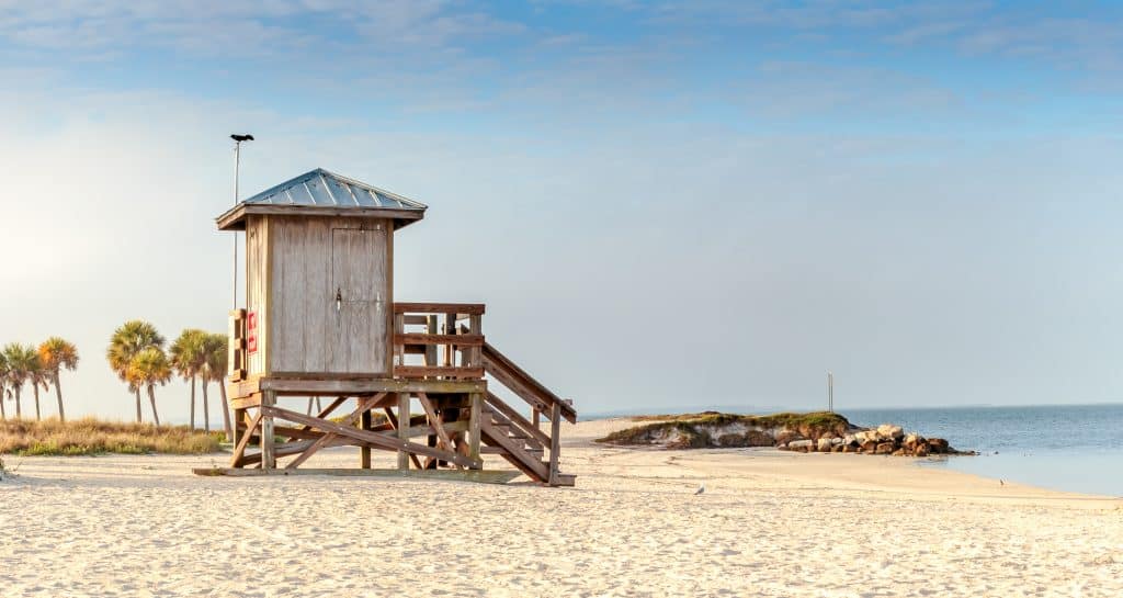 a wooden Lifeguard hut overlooking the beautiful Fred Howard beach with palm trees in the background