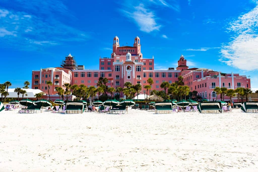 The Don CeSar hotel serving as a backdrop for the sandy white St. Pete beach near Tampa Florida