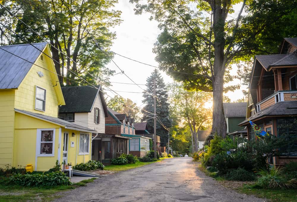 Street of old houses in Cassadaga, a spiritual town known for its healers and energy.