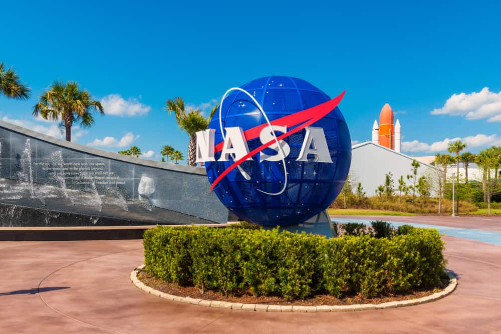 NASA sign in front of the Kennedy Space Center.