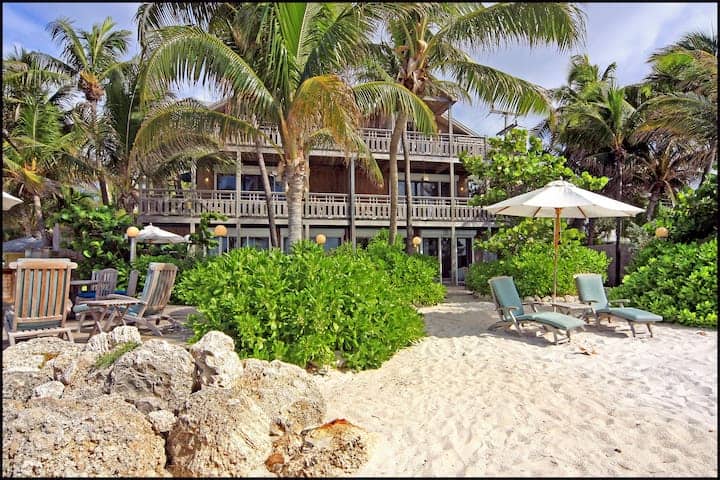 Hidden beach house with lots of palm trees