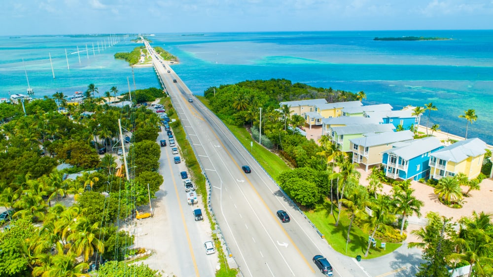 Aerial view of the road along the Florida Keys.