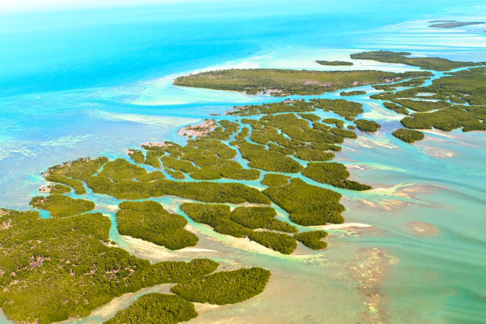 aerial view of hundreds of green islands and blue ocean of the Florida Keys Miami to Key West drive