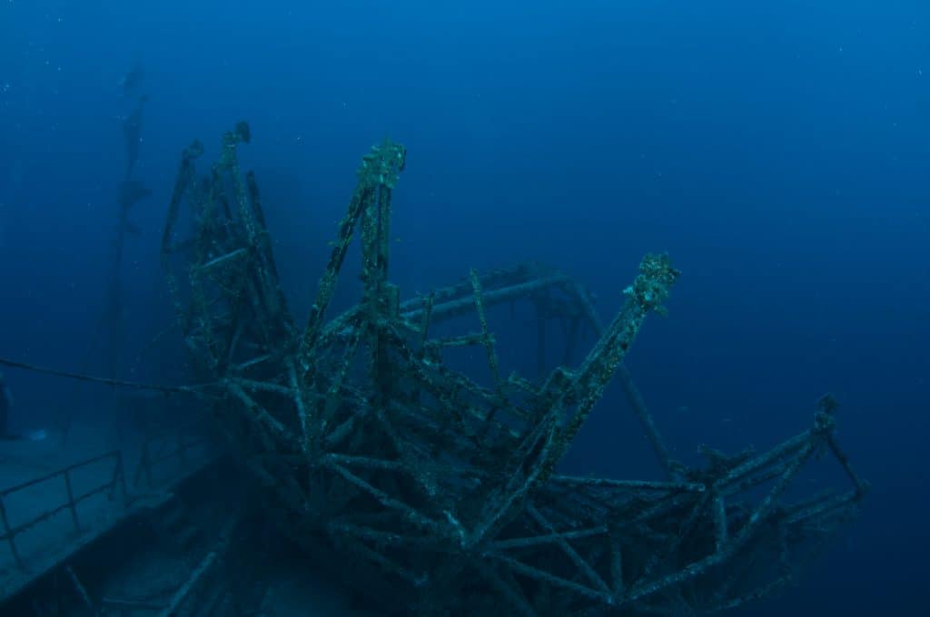 Viewing the Vandenberg coral reef in the deep blue of the ocean.