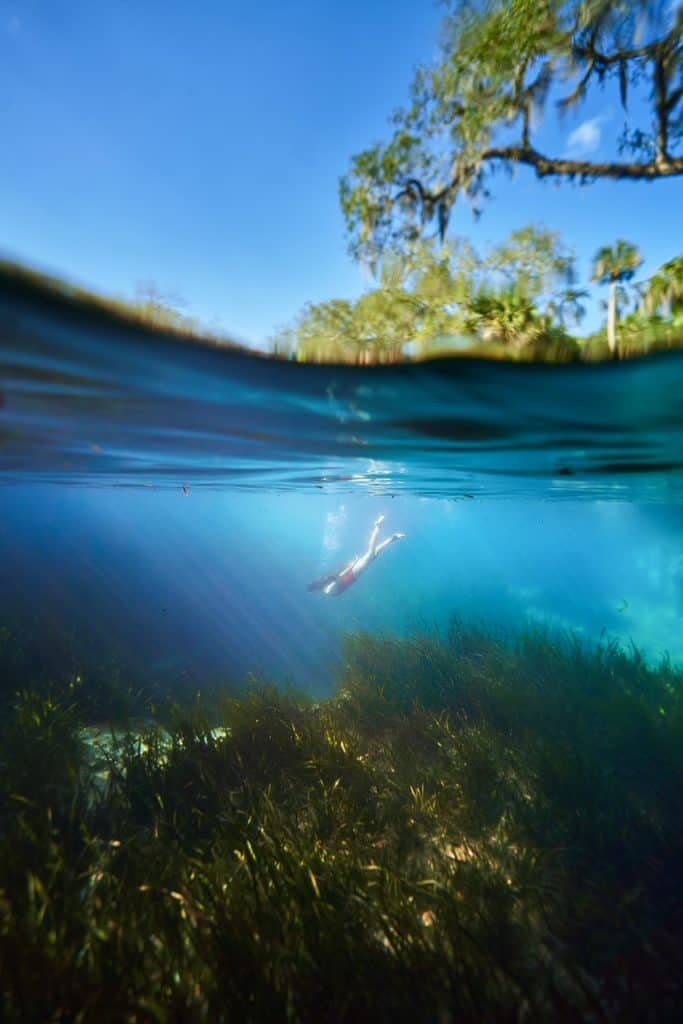 A female swimmer in a red suit scuba dives in the clear blue water of Juniper Springs, which is one of the most interesting weekend getaways in Florida
