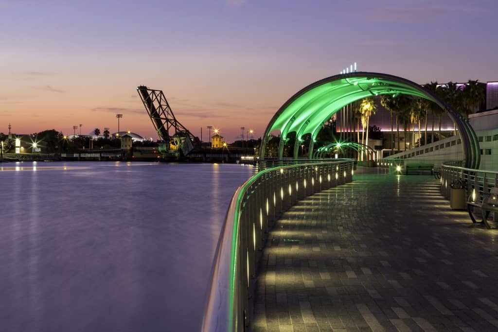 The view from the Tampa Riverwalk at dusk, one of many beautiful Tampa, Florida attractions.