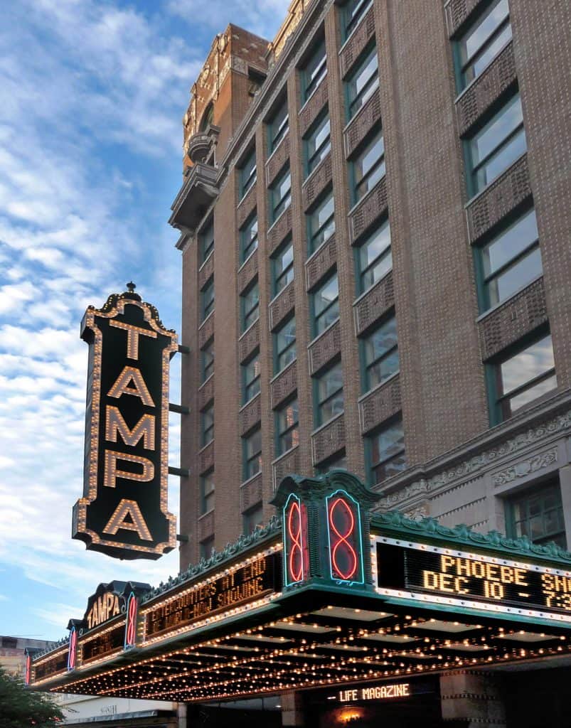 The marquis of the Tampa Theatre that is all lit up. 