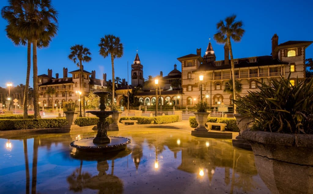 A thin layer of water eerily reflects the  Spanish Colonial architecture of St. Augustine, one of the best places to visit on Halloween in Florida.