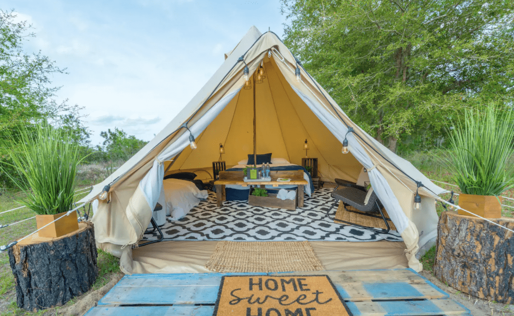 Luxury tent located on scenic Lake Louisa in Clermont, perfect for glamping in Florida.