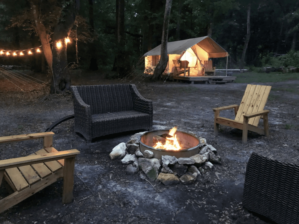 The lovely fire pit in between the tents at Your Safari, one of the best places for glamping in Florida.