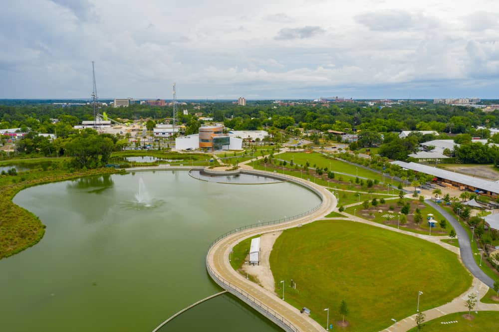 An ariel view of Cade Museum and surrounding walking trails at Depot Park.