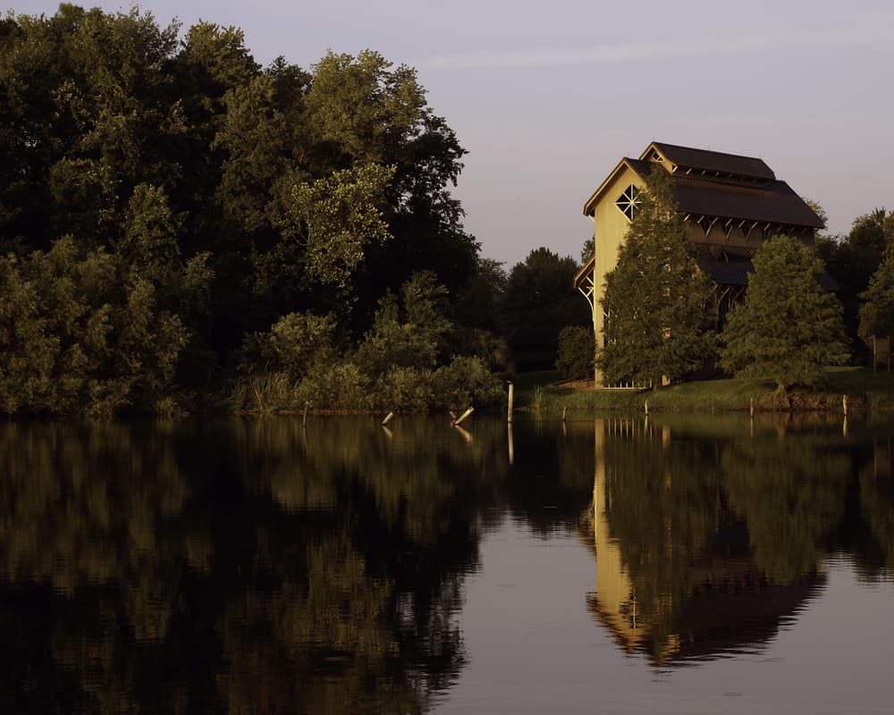 Lake Alice and the Baughman center reflecting off the lake located in Gainesville, Florida. 