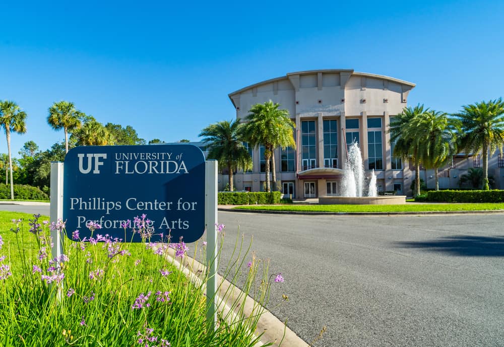 The Phillips Center for Performing Arts located in Gainesville Florida, with a beautiful fountain entrance. 