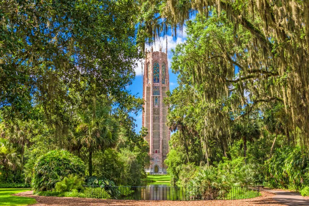 Bok Tower reflected in the pool in the gardens.