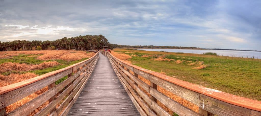 The long path of the wooden Birdwalk at Myakka River State Park, one of the best Sarasota attractions.