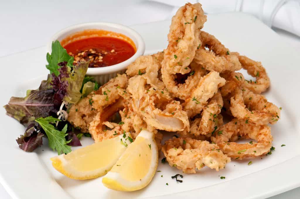 Photo of a white plate serving calamari. 