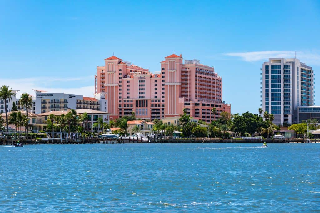 A view of the Sandava Spa inside the Hyatt Regency Clearwater Beach Resort from the blue waters of the Gulf of Mexico.