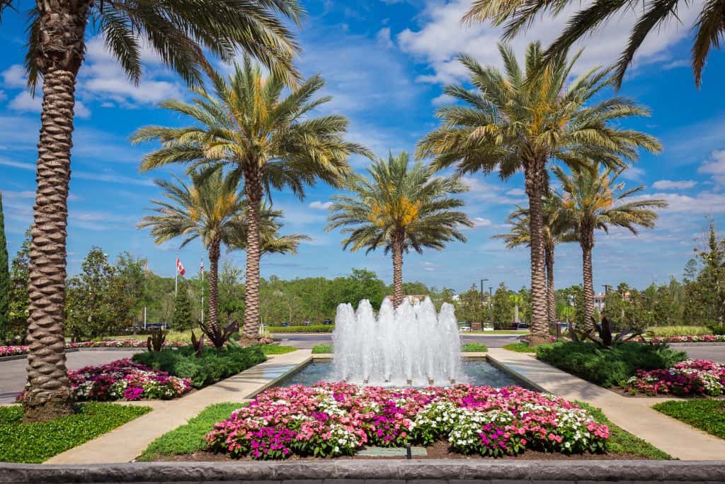 The perfectly pruned lawn and fountains as seen from the Four Seasons Resort and Spa, one of the best spas in Florida.