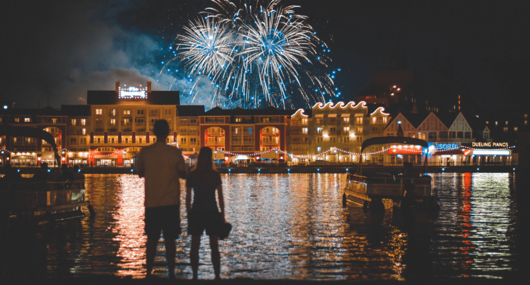 Fireworks at Epcot as seen from the Boardwalk, a perfect date night in Orlando.