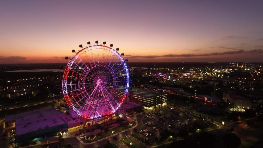 An aerial shot of the Orlando Eye, one of the most romantic things to do in Orlando.