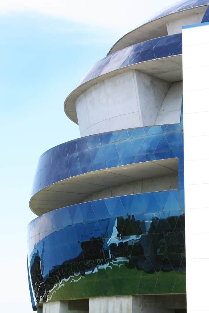 The mirrored panels that line the exterior of the Saunders Planetarium at MOSI.